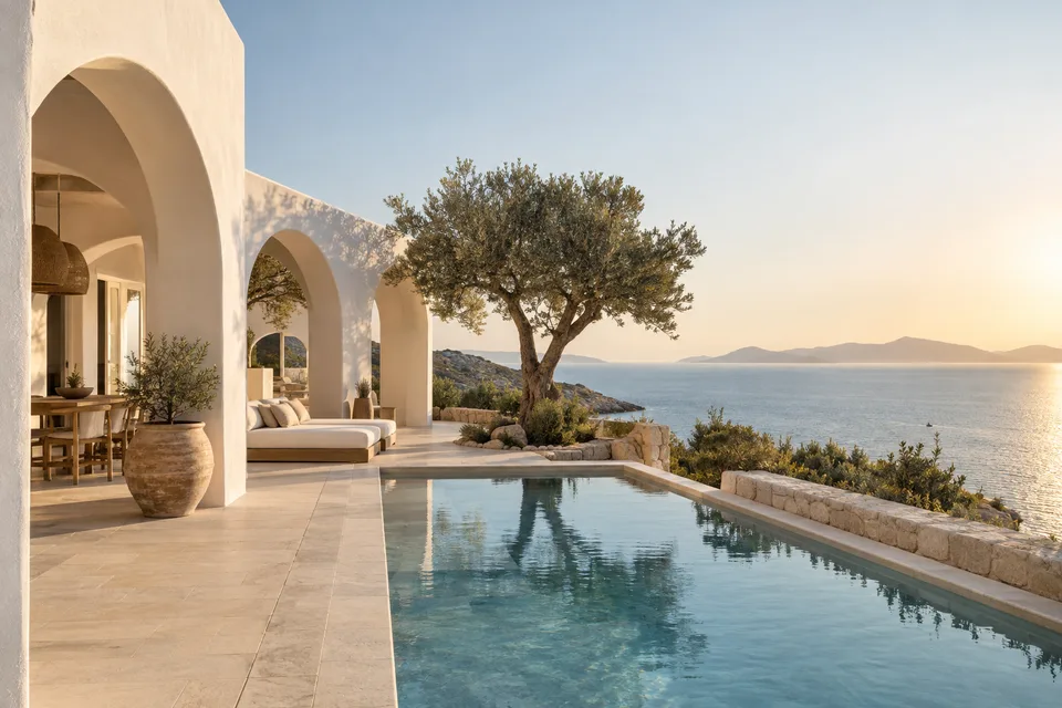Fictional Aegean boutique hotel with white arches, an olive tree, and a pool