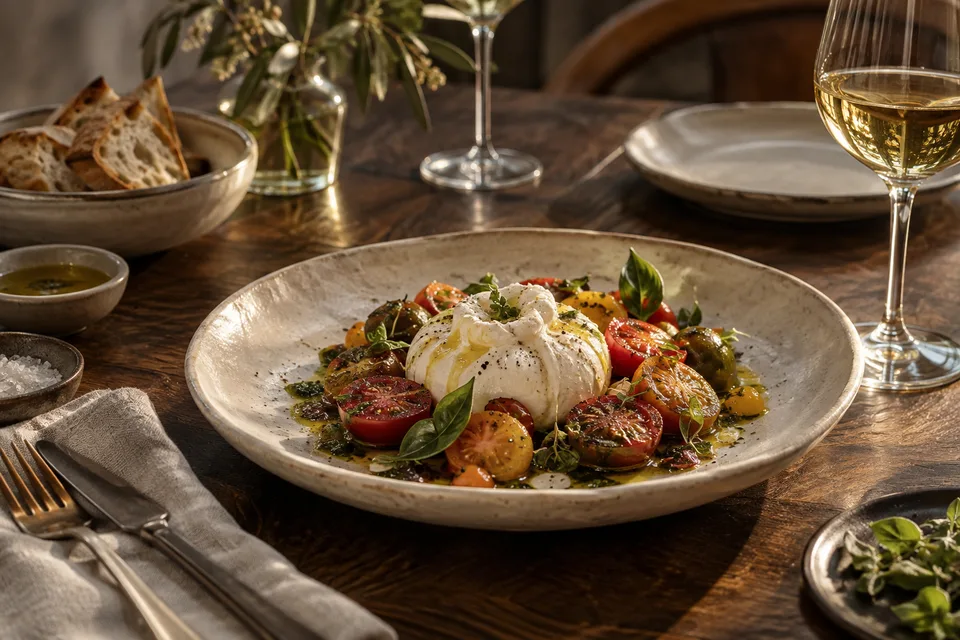 Mediterranean tomatoes, burrata, and olive oil on a dark wooden restaurant table
